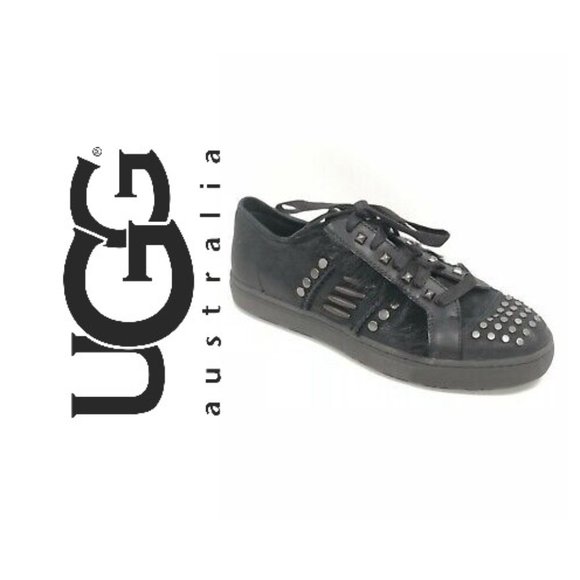 UGG BLACK STUDDED FUR LACE-UP Biker Chic LEATHER PLATFORM SHOES! SIZE 7! - Picture 1 of 14